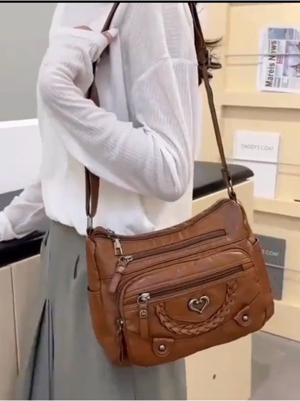 AFILE Crossbody Leather Shoulder Bag In Brown - Picture 2 of 16